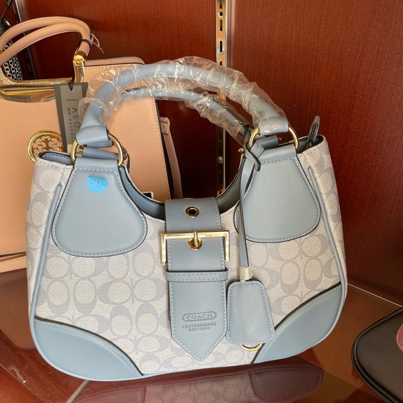 - Coach Blue and Cream Shoulder Bag with Gold Hardware